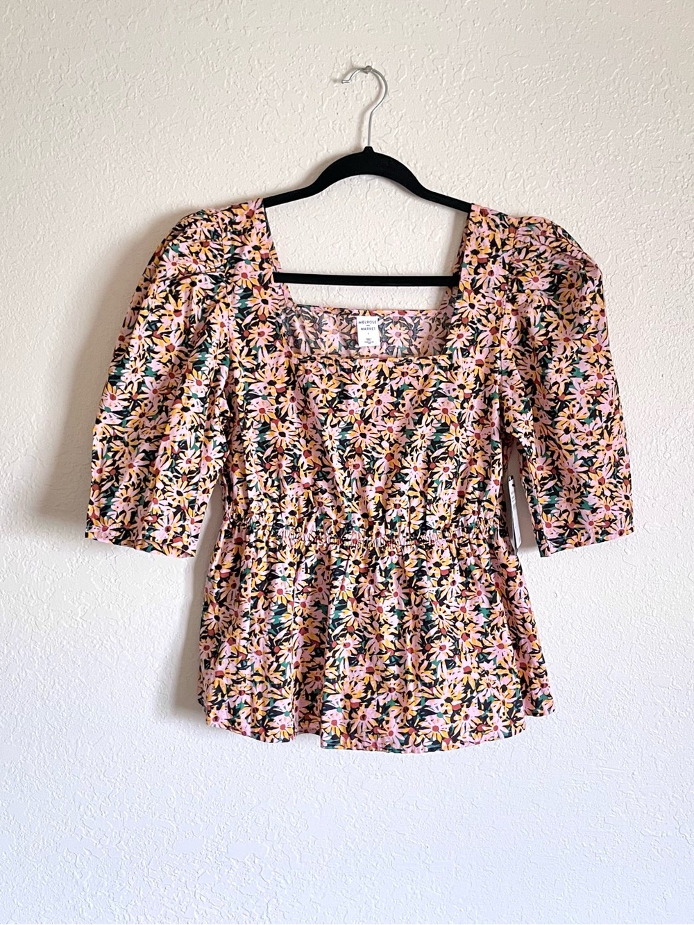 Melrose and Market Pink Green Yellow Floral Square Neck Blouse